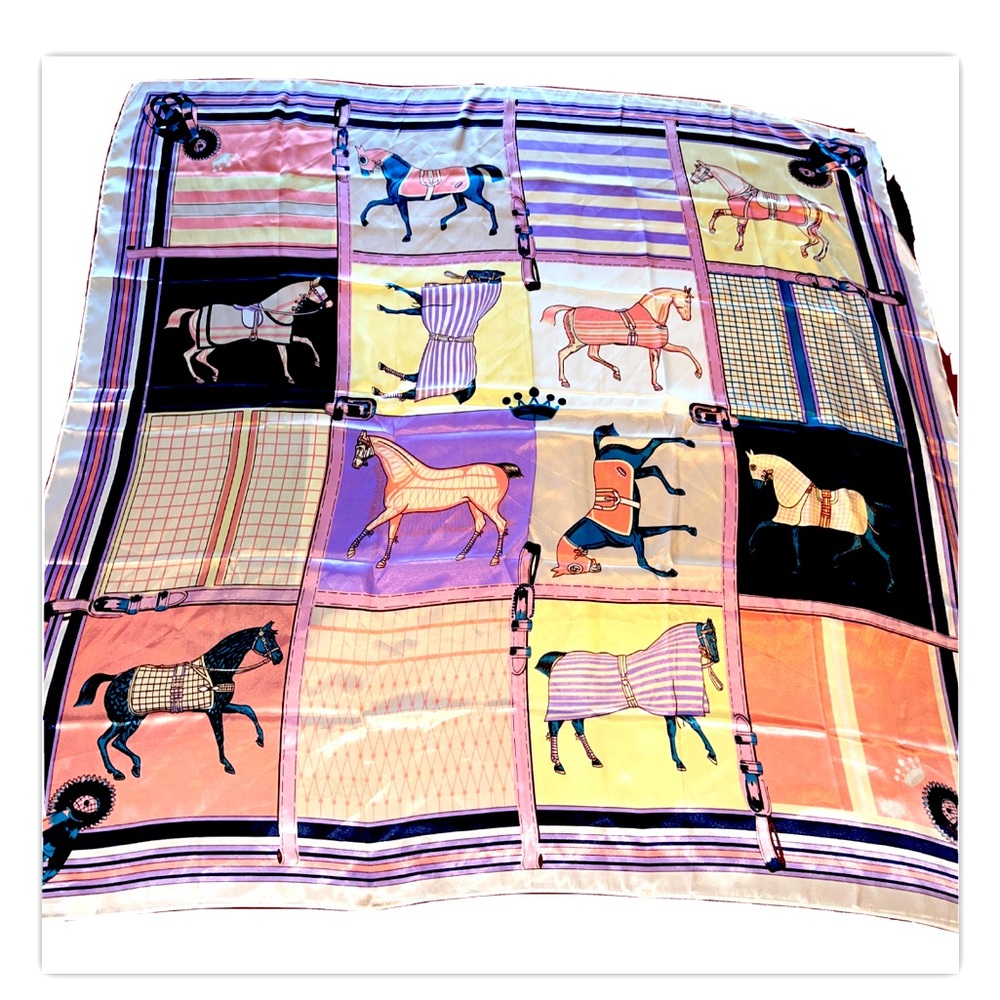 HORSE PRINT scarf SILKY 90cm 35"x35" pink blue purple show horses  saddle bridle